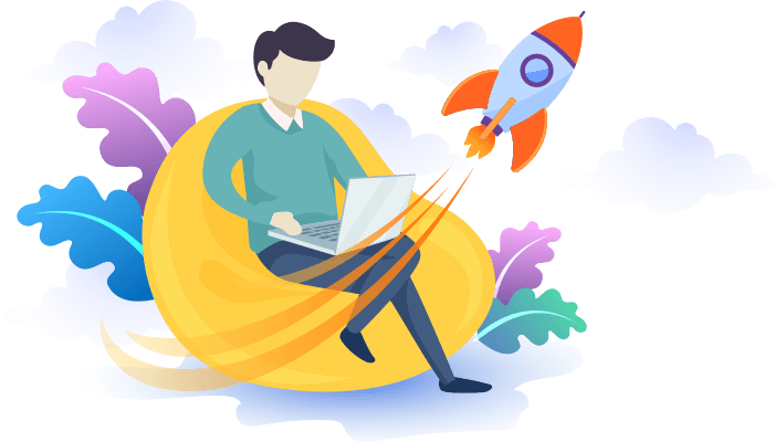 Illustration of a person working on a laptop with a rocket launching