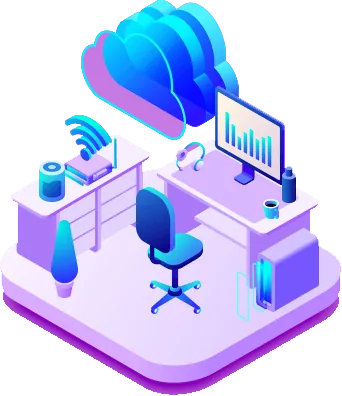 Illustration of a workspace with cloud, Wi-Fi and analytics dashboard